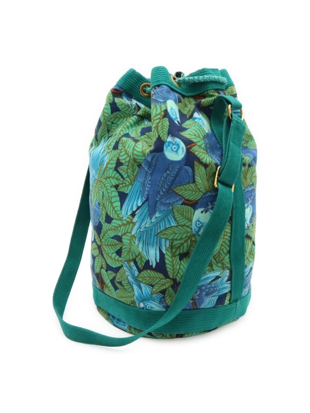 Hermes Shoulder Bag Drawstring Botanical Bird Print Parakeet Canvas Green Blue - Picture 2 of 8